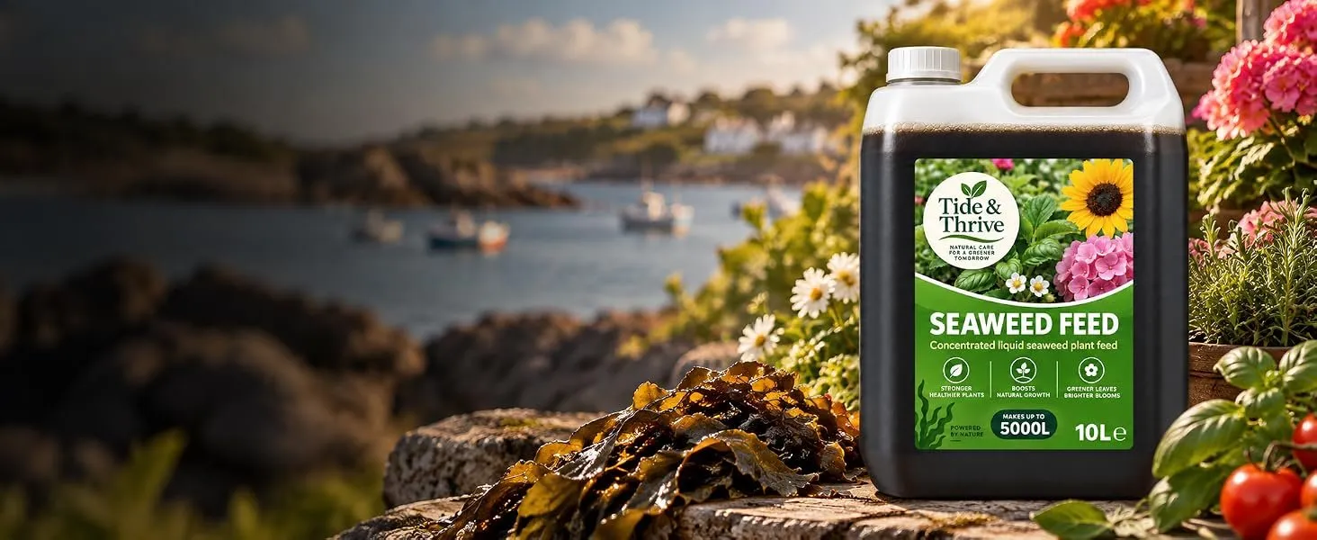 The Northern Irish coastline with seaweed on the rocks and a Tide & Thrive Seaweed Feed container